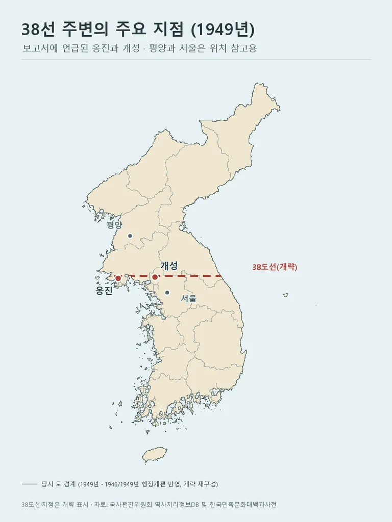 1949년 한반도 지도에 당시 도 경계와 38도선, 옹진·개성·평양·서울의 위치를 표시한 지도